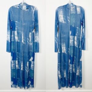 Kourt High Neck Long Sleeve Patchwork Mesh Maxi Dress Size Large NWT Blue Combo